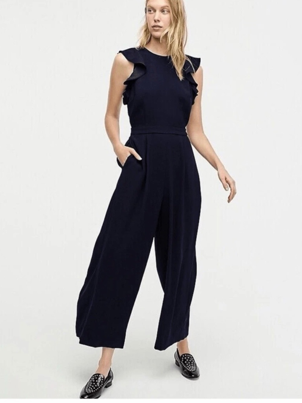 J.Crew Navy Ruffle-Sleeveless  Wide-Leg Jumpsuit navy blue Size 4